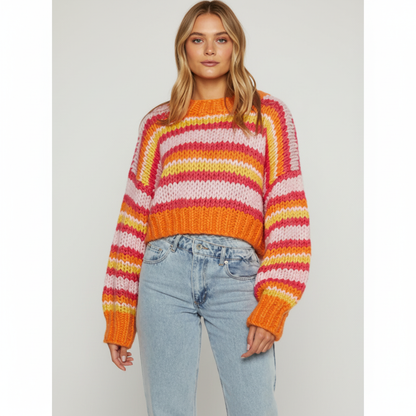 Women’s Chunky Knit Sweater with Wide Stripes and Balloon Sleeves