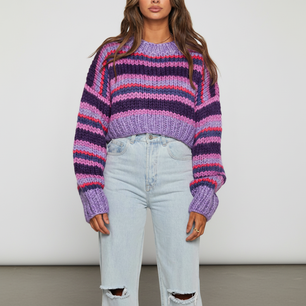Women’s Chunky Knit Sweater with Wide Stripes and Balloon Sleeves