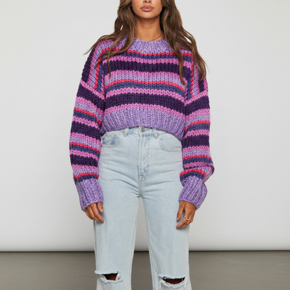 Women’s Chunky Knit Sweater with Wide Stripes and Balloon Sleeves