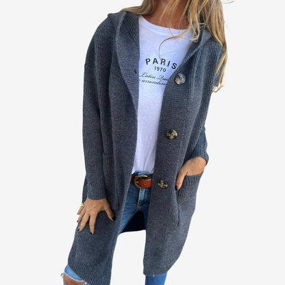 Lange gebreide cardigan met capuchon voor dames – relaxte laag met knopen voor elke dag