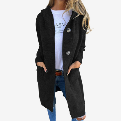 Lange gebreide cardigan met capuchon voor dames – relaxte laag met knopen voor elke dag