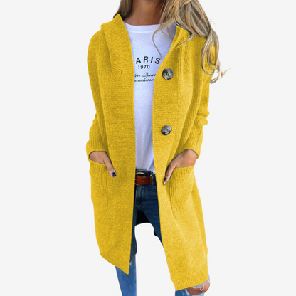 Lange gebreide cardigan met capuchon voor dames – relaxte laag met knopen voor elke dag