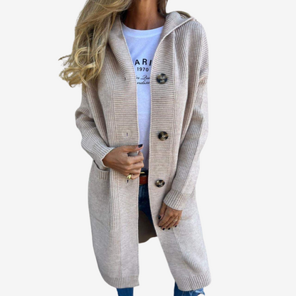 Lange gebreide cardigan met capuchon voor dames – relaxte laag met knopen voor elke dag