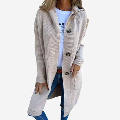 Lange gebreide cardigan met capuchon voor dames – relaxte laag met knopen voor elke dag