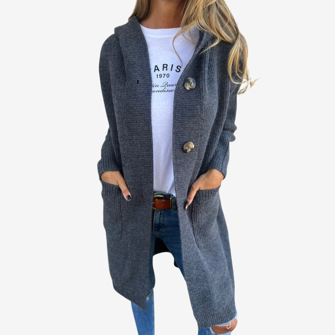 Lange gebreide cardigan met capuchon voor dames – relaxte laag met knopen voor elke dag