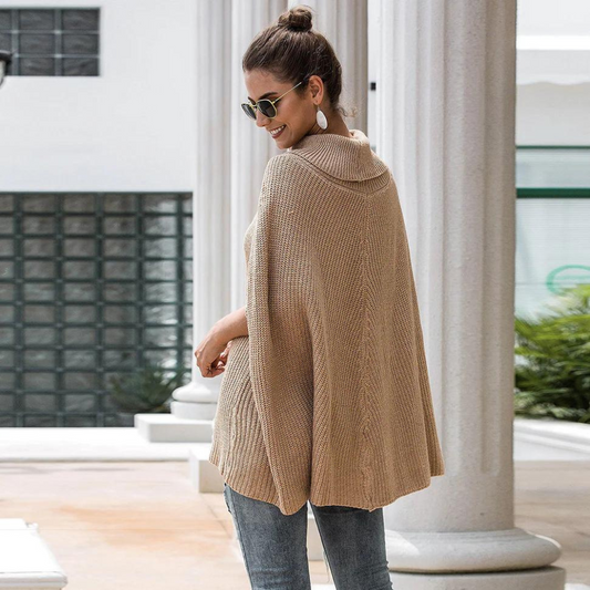 Gebreide poncho-trui met rolkraag voor dames – relaxte laag in capestijl voor koelere dagen