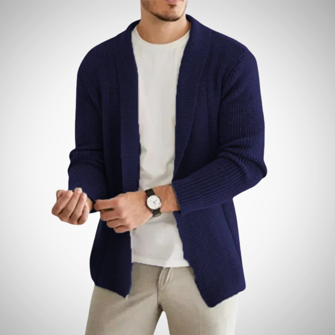 Men’s Open-Front Knit Cardigan – Textured Shawl-Collar Layer for Smart Casual Wear