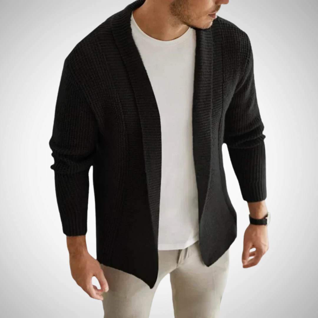 Men’s Open-Front Knit Cardigan – Textured Shawl-Collar Layer for Smart Casual Wear