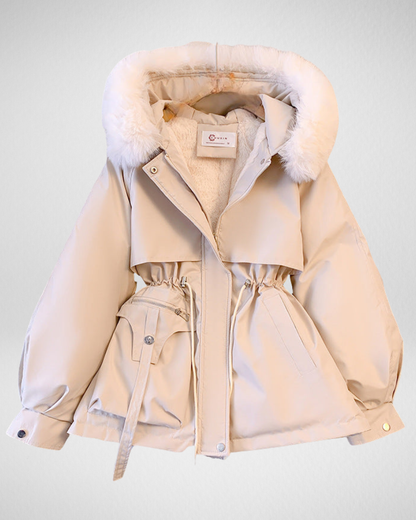 Warme weerbestendige gewatteerde winterparka voor dames met afneembare kraag met imitatiebont en verstelbare tailleriem – elegante halflange geïsoleerde jas voor casual herfst- en winterkleding en dagelijkse styling bij koud weer