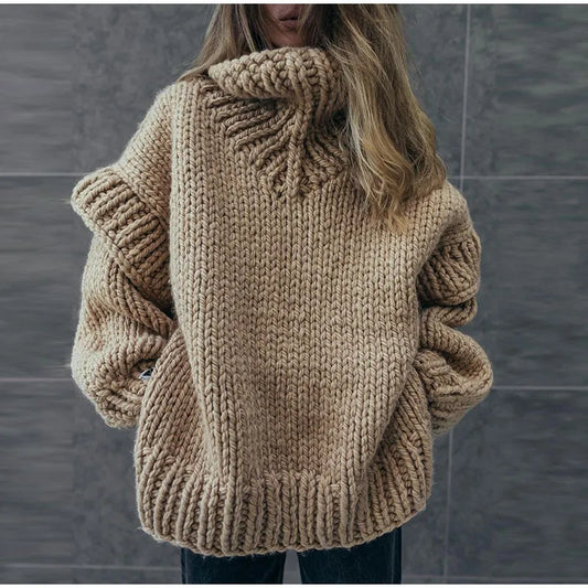Oversized grof gebreide dames coltrui met dikke getextureerde steken en volumineuze lange mouwen – warme relaxte pullover voor gezellig lagen in herfst en winter en casual dagelijkse looks