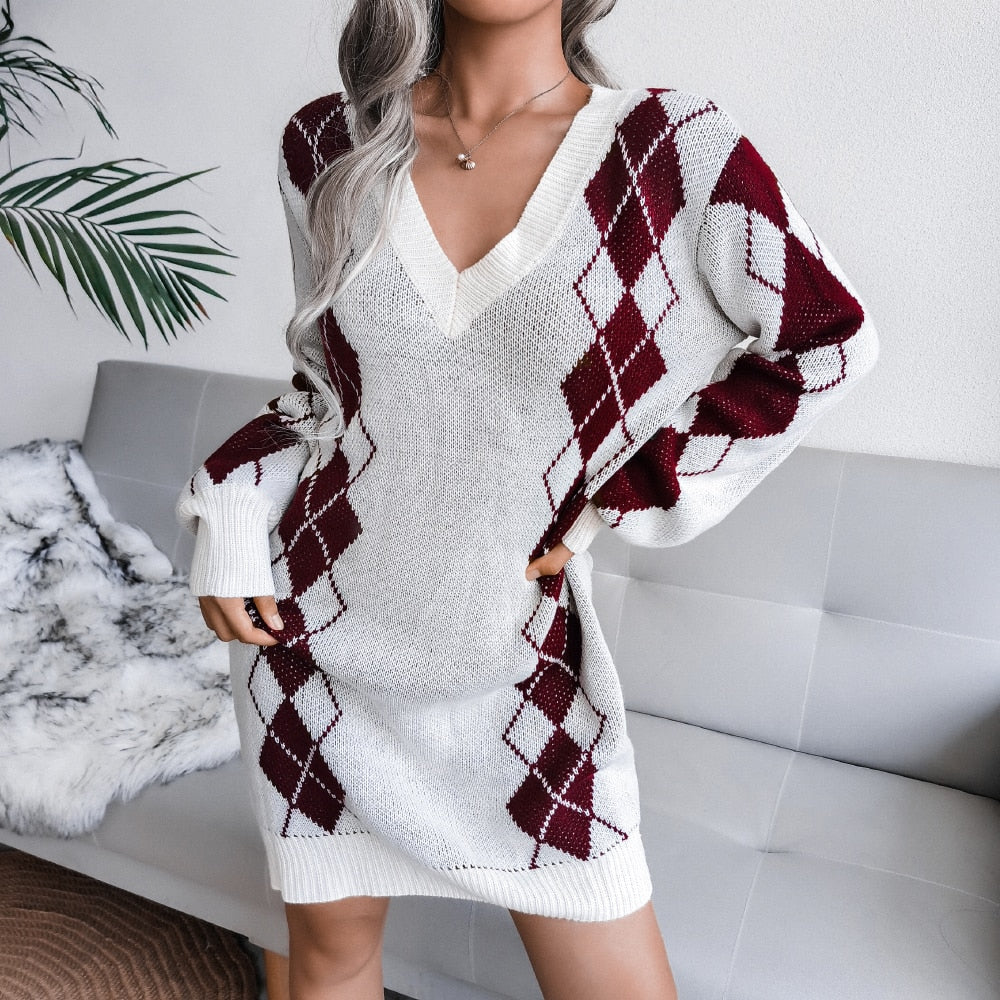 Women’s Printed Knit Sweater Dress – V-Neck Long Sleeve Style for Autumn and Winter