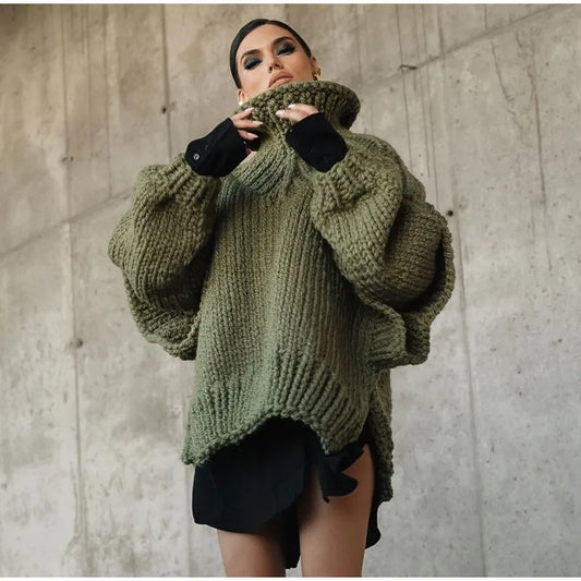 Oversized grof gebreide dames coltrui met dikke getextureerde steken en volumineuze lange mouwen – warme relaxte pullover voor gezellig lagen in herfst en winter en casual dagelijkse looks