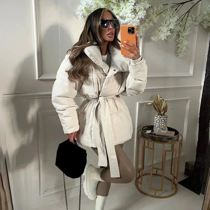 Women’s Belted Puffer Jacket – Oversized Collar Winter Layer for Cold Weather