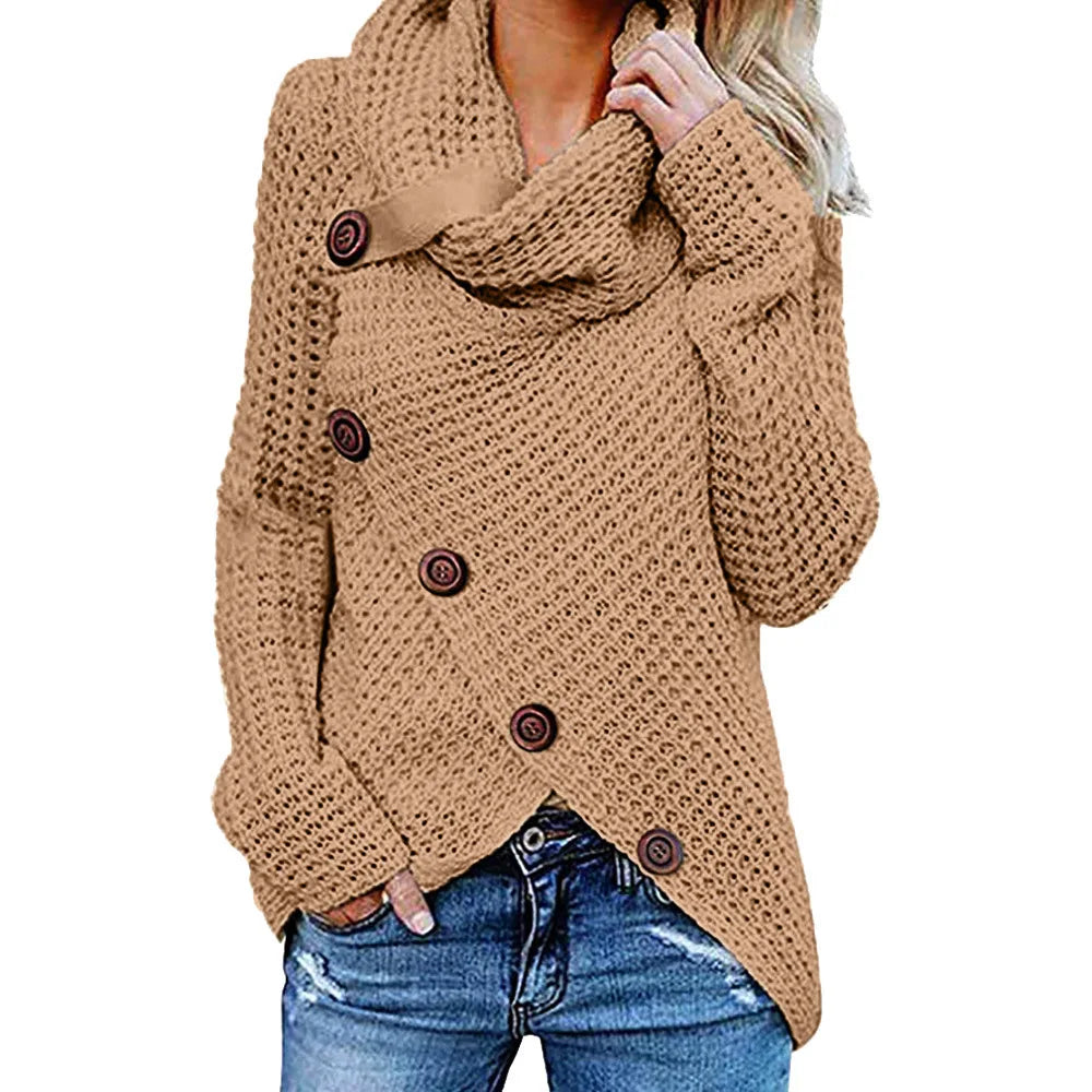 Women's Chunky Knit Turtleneck Sweater with Asymmetric Button Front and Oversized Cowl Neck – Relaxed Fit Textured Long Sleeve Pullover with Draped Hem for Cosy Autumn and Winter Casual Wear