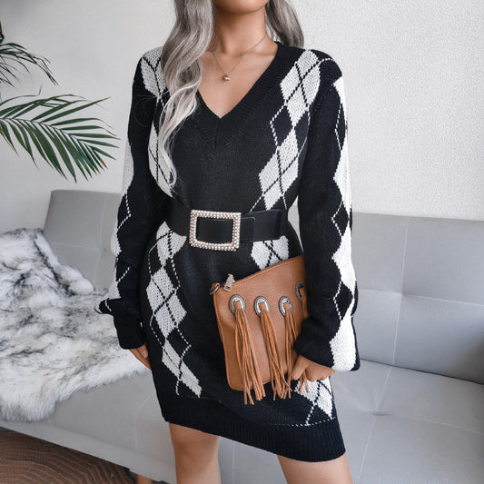 Gebreide truijurk met print voor dames – V-hals en lange mouwen voor herfst en winter