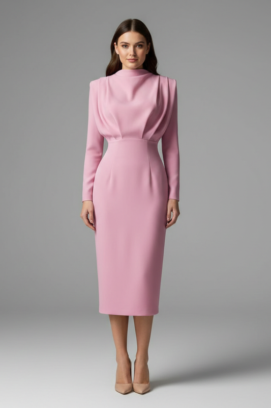Midi-jurk voor dames met lange mouwen en mock neck, elegant getailleerd silhouet