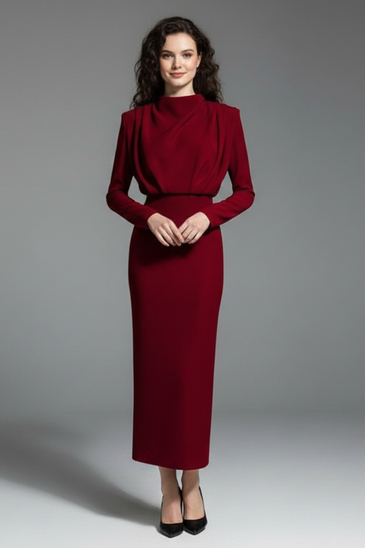 Midi-jurk voor dames met lange mouwen en mock neck, elegant getailleerd silhouet