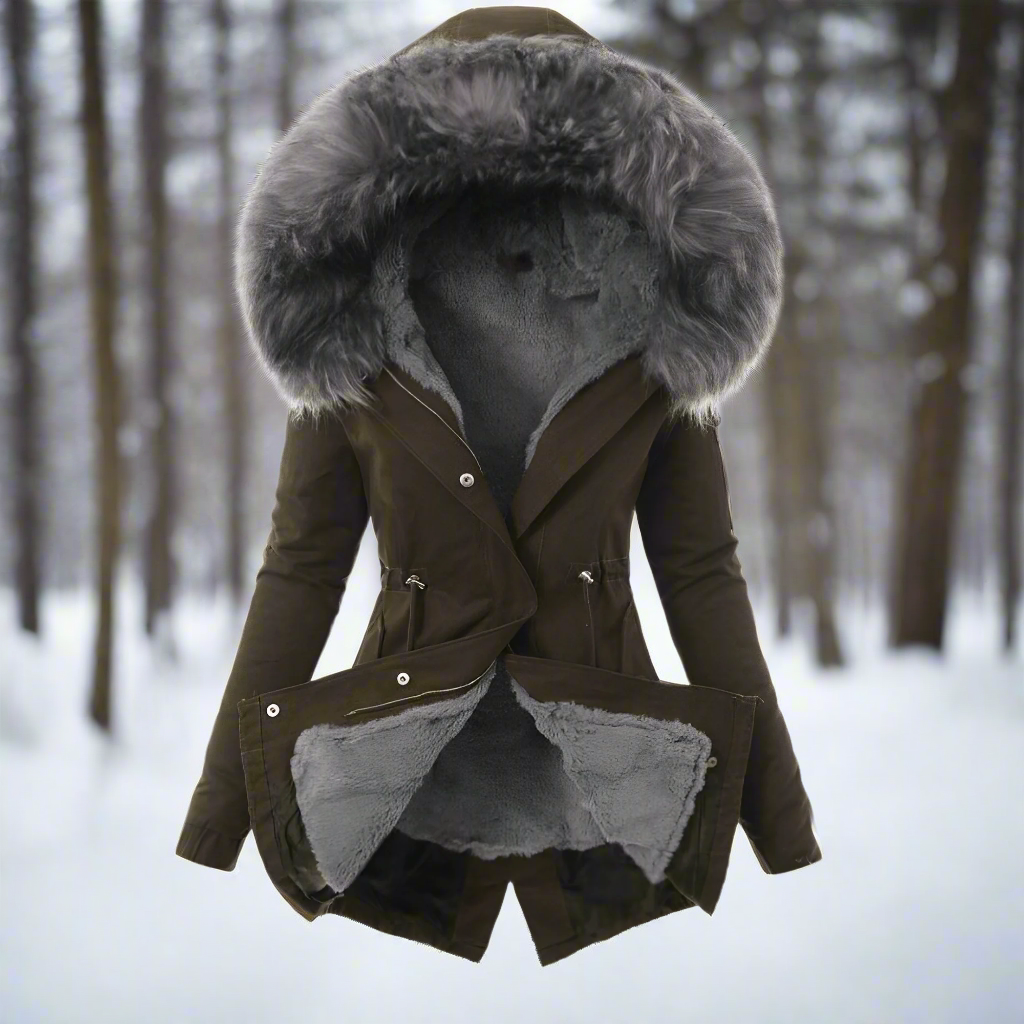 Weerbestendige dames winterparka met capuchon van imitatiebont – warme, getailleerde lange laag voor dagelijks gebruik bij koud weer