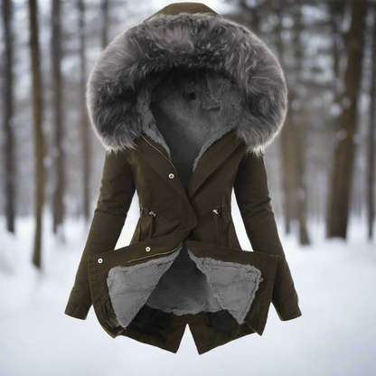 Weerbestendige dames winterparka met capuchon van imitatiebont – warme, getailleerde lange laag voor dagelijks gebruik bij koud weer