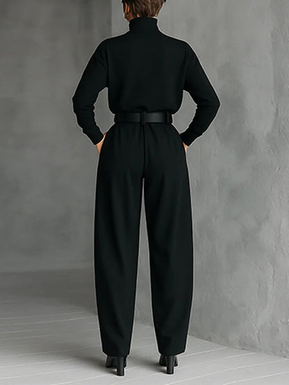Women’s Belted Roll-Neck Trouser Set – Soft Cotton-Blend Co-Ord for Autumn Office and Evening Wear