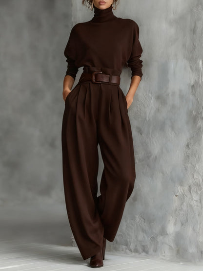 Women’s Belted Roll-Neck Trouser Set – Soft Cotton-Blend Co-Ord for Autumn Office and Evening Wear