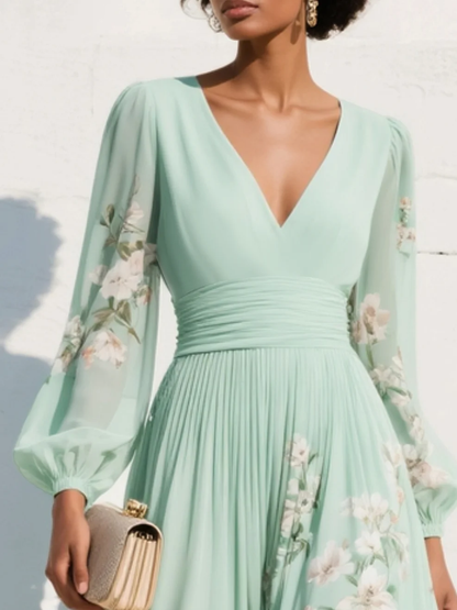 Monroe | Chiffon midi-jurk met V-hals en bloemenprint