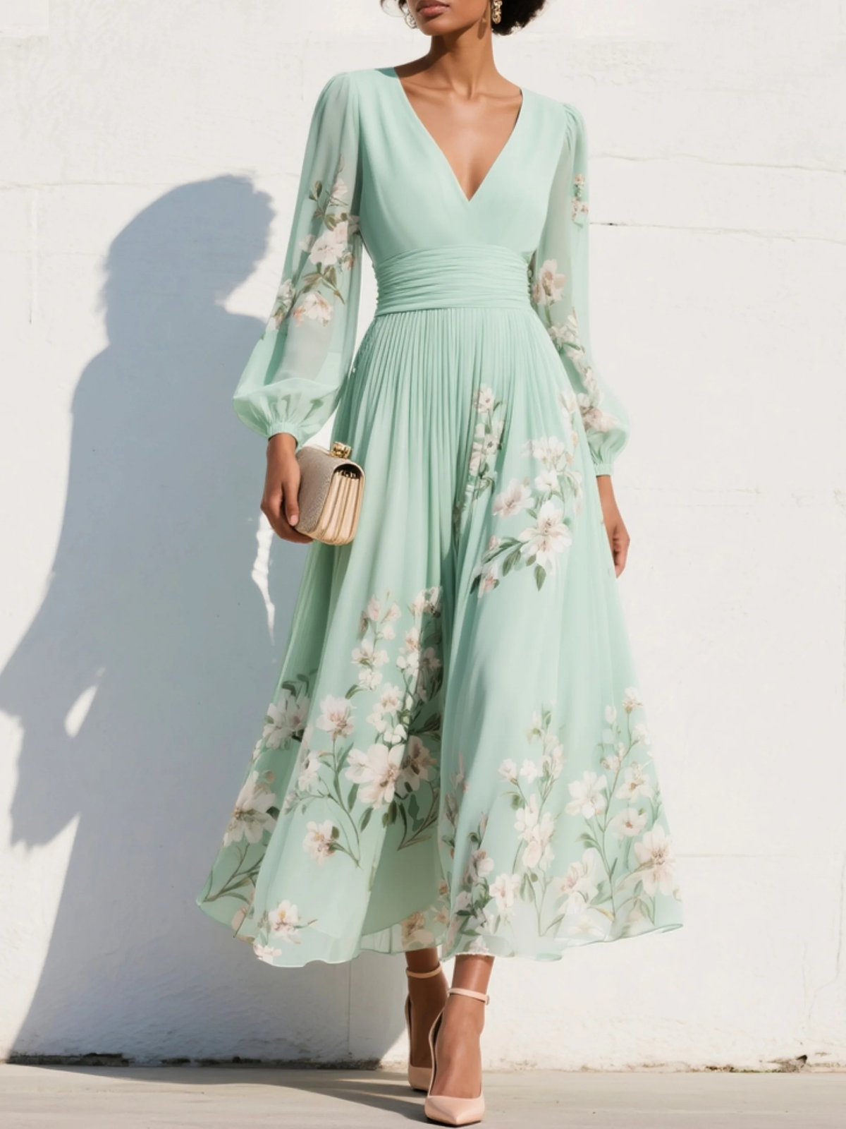 Monroe | Chiffon midi-jurk met V-hals en bloemenprint