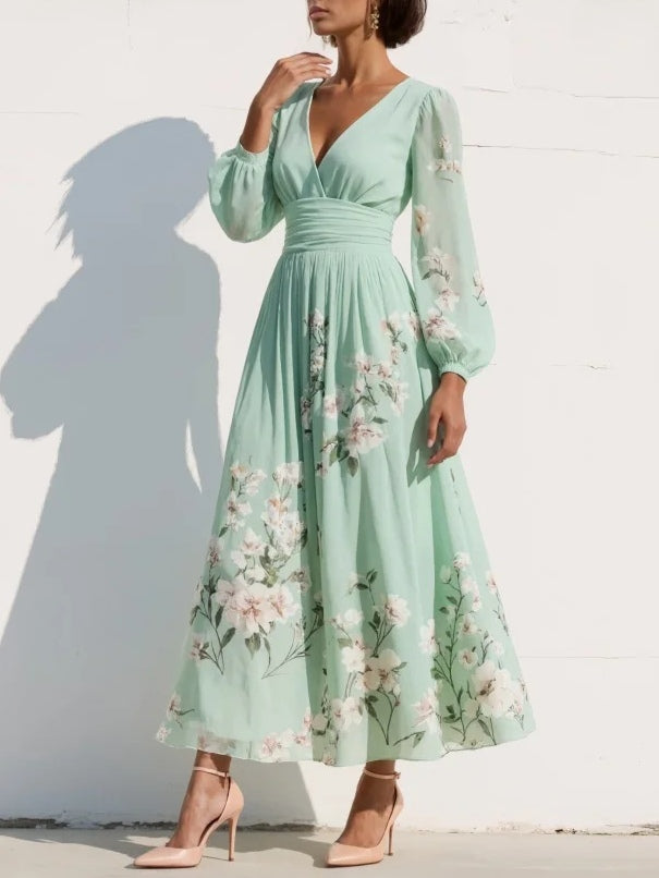 Monroe | Chiffon midi-jurk met V-hals en bloemenprint
