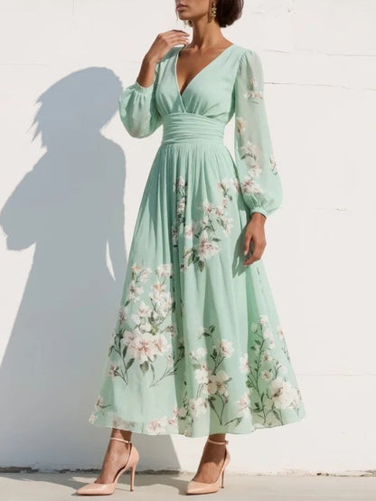 Monroe | Chiffon midi-jurk met V-hals en bloemenprint