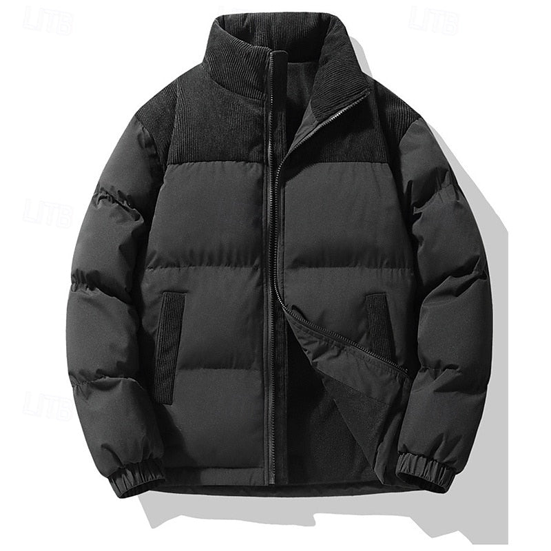 Padded Puffer Jacket with Stand Collar and Full Front Zipper, Two Pockets