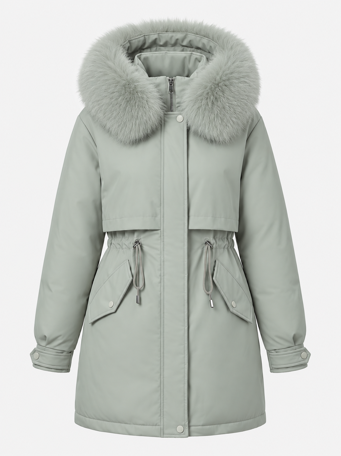 Weerbestendige dames winterparka met capuchon van imitatiebont en trekkoord in de taille – winterjas voor koud weer