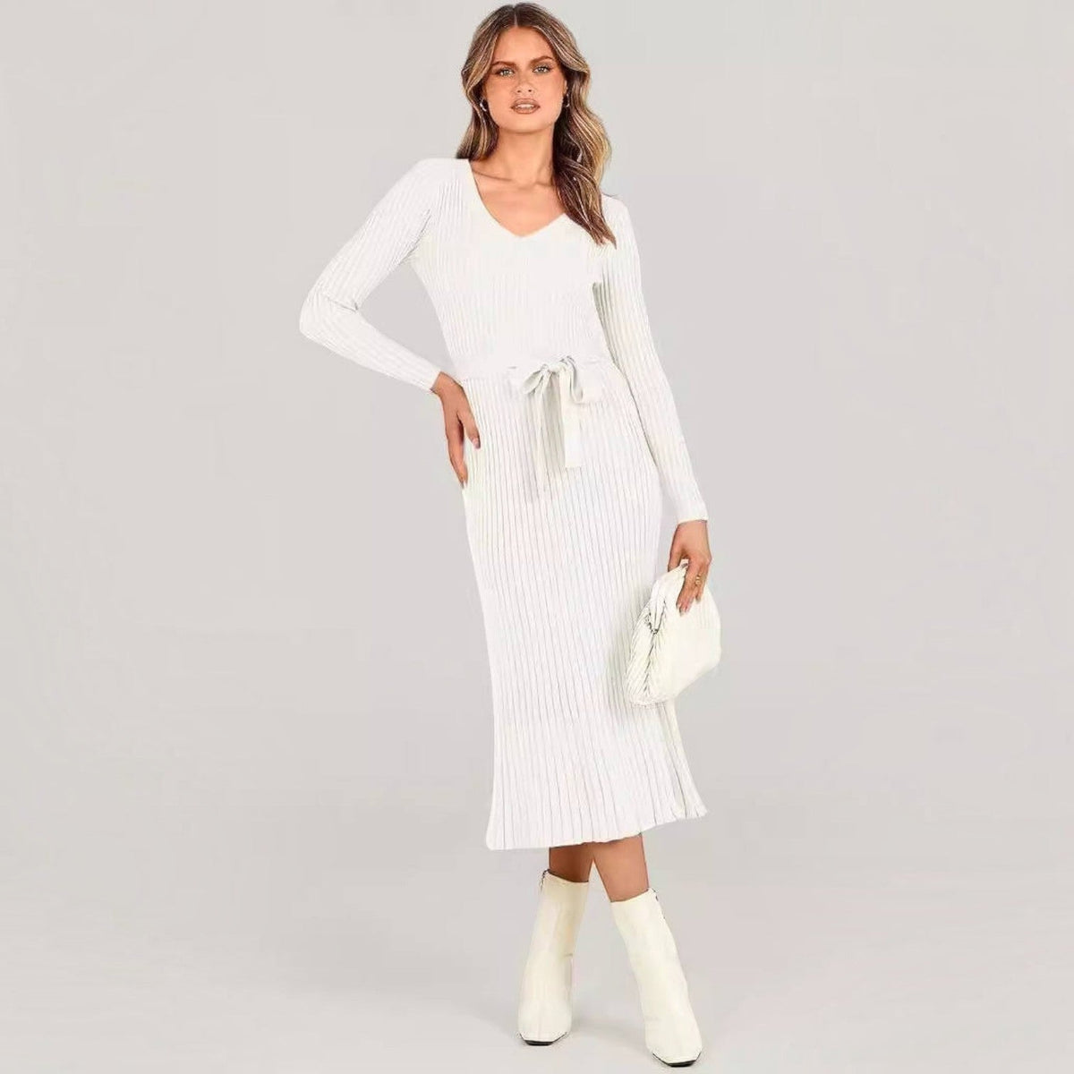 Dames midi-jurk van kabelbreisel voor de herfst, trui-jurk met V-hals en lange mouwen, outfit voor het seizoen 2026