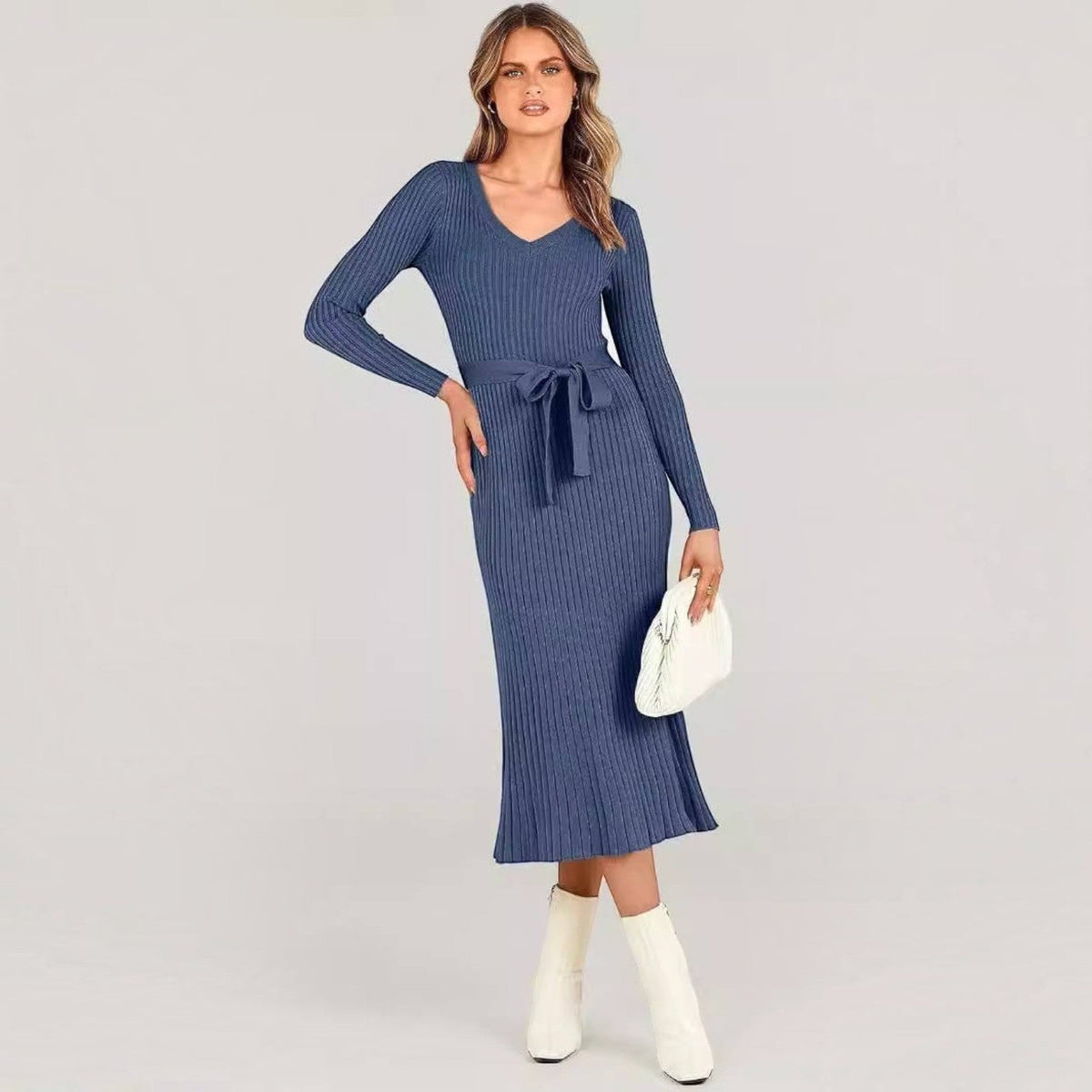 Dames midi-jurk van kabelbreisel voor de herfst, trui-jurk met V-hals en lange mouwen, outfit voor het seizoen 2026