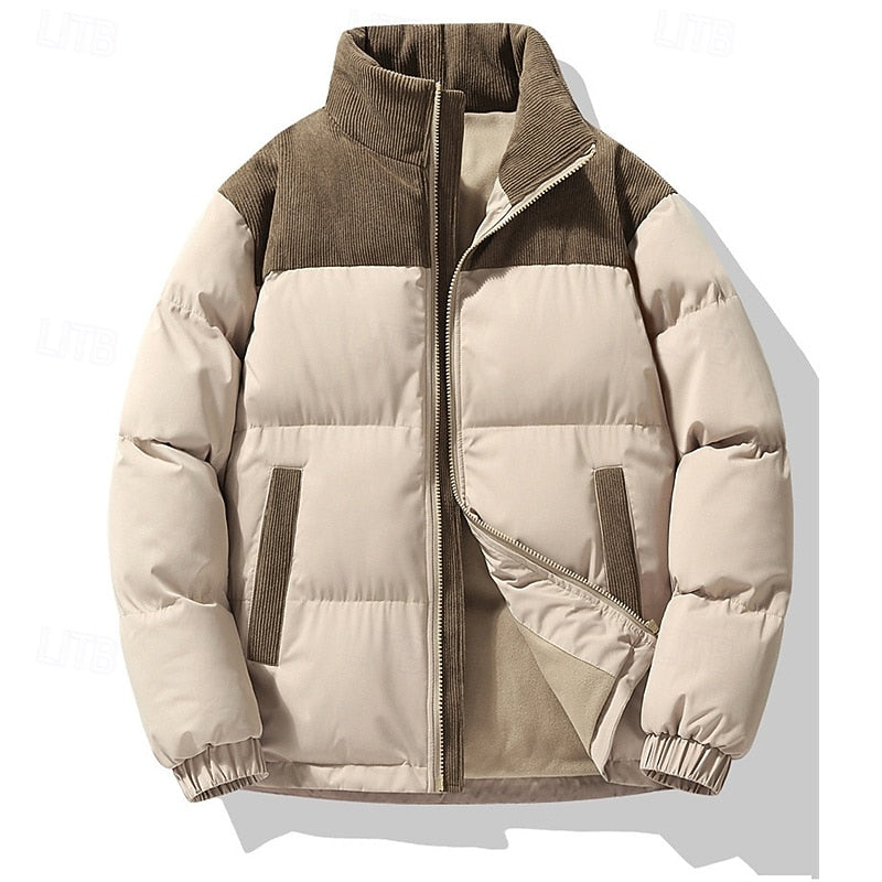 Padded Puffer Jacket with Stand Collar and Full Front Zipper, Two Pockets