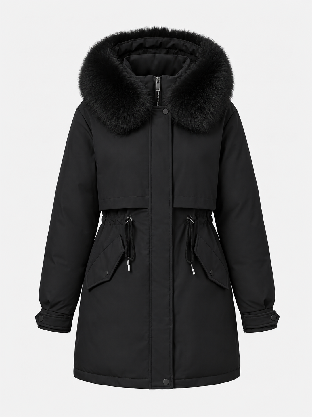 Weerbestendige dames winterparka met capuchon van imitatiebont en trekkoord in de taille – winterjas voor koud weer