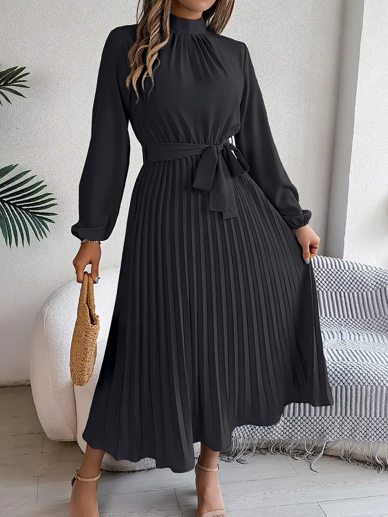 Isabelle | Midi-jurk met lange mouwen en ceintuur om de taille
