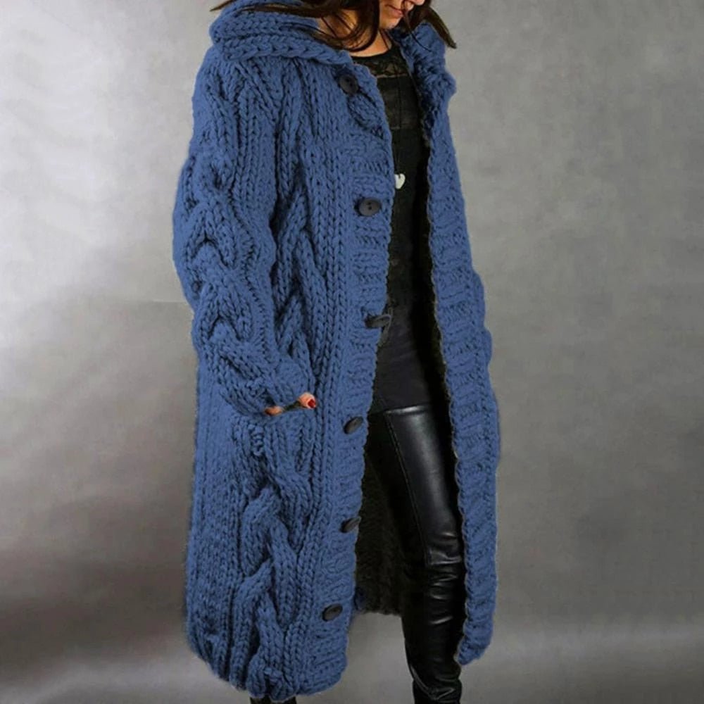 Lange kabelgebreide cardigan voor dames – dikke winterlaag met capuchon en zakken