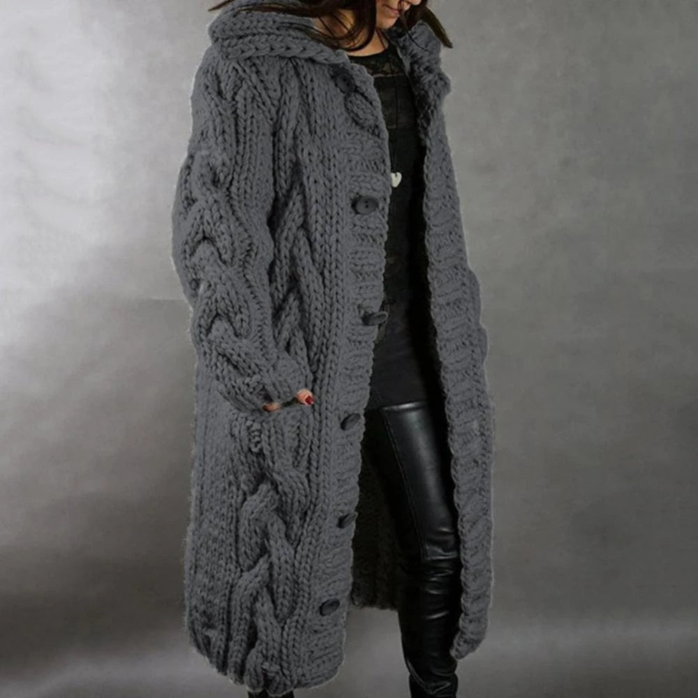 Lange kabelgebreide cardigan voor dames – dikke winterlaag met capuchon en zakken