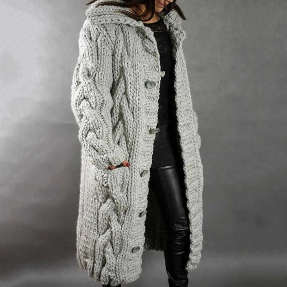 Lange kabelgebreide cardigan voor dames – dikke winterlaag met capuchon en zakken