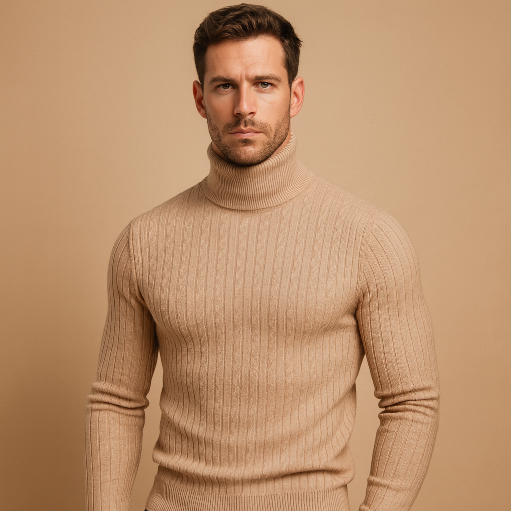 Men’s Ribbed Turtleneck Sweater – Soft Knitted Roll-Neck Winter Layer for Smart Casual Office Evening and Everyday Cold-Weather Wear