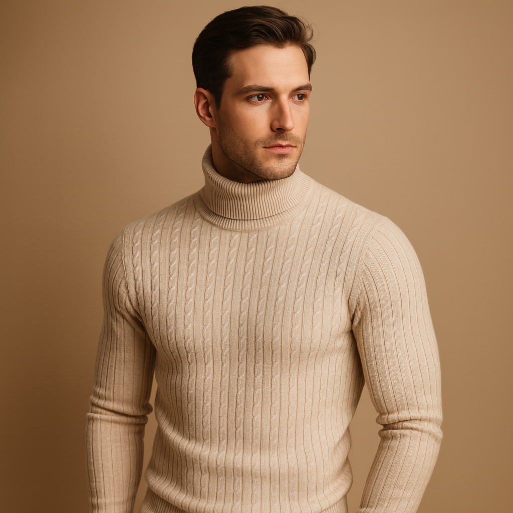 Men’s Ribbed Turtleneck Sweater – Soft Knitted Roll-Neck Winter Layer for Smart Casual Office Evening and Everyday Cold-Weather Wear