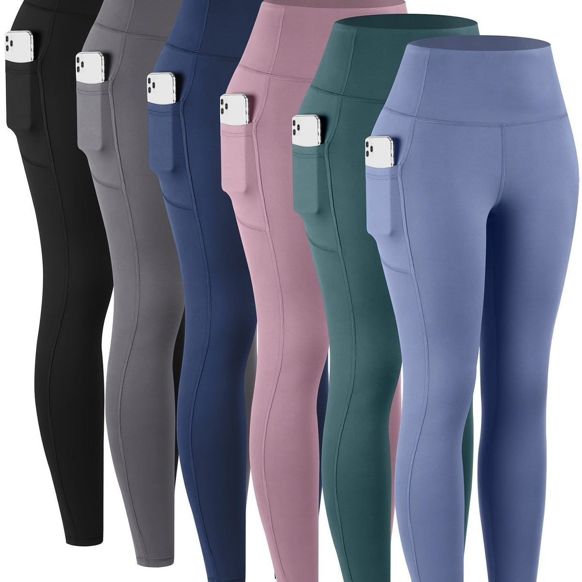 Womens Leggings with Pockets, 6 Pack Soft High Waisted Tummy Control Workout Yoga Pants