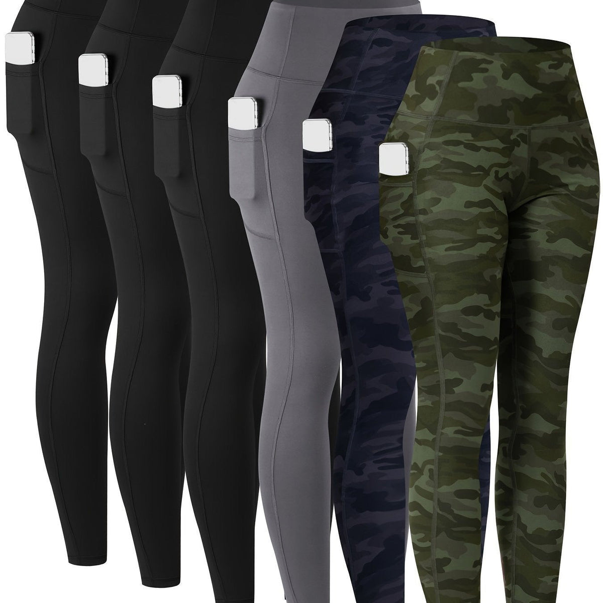 Womens Leggings with Pockets, 6 Pack Soft High Waisted Tummy Control Workout Yoga Pants
