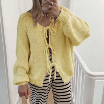 Womens Tie Front Bow Cardigan Sweater, Cozy Chunky Knit Long Puff Sleeve Open Front Sweater Jacket