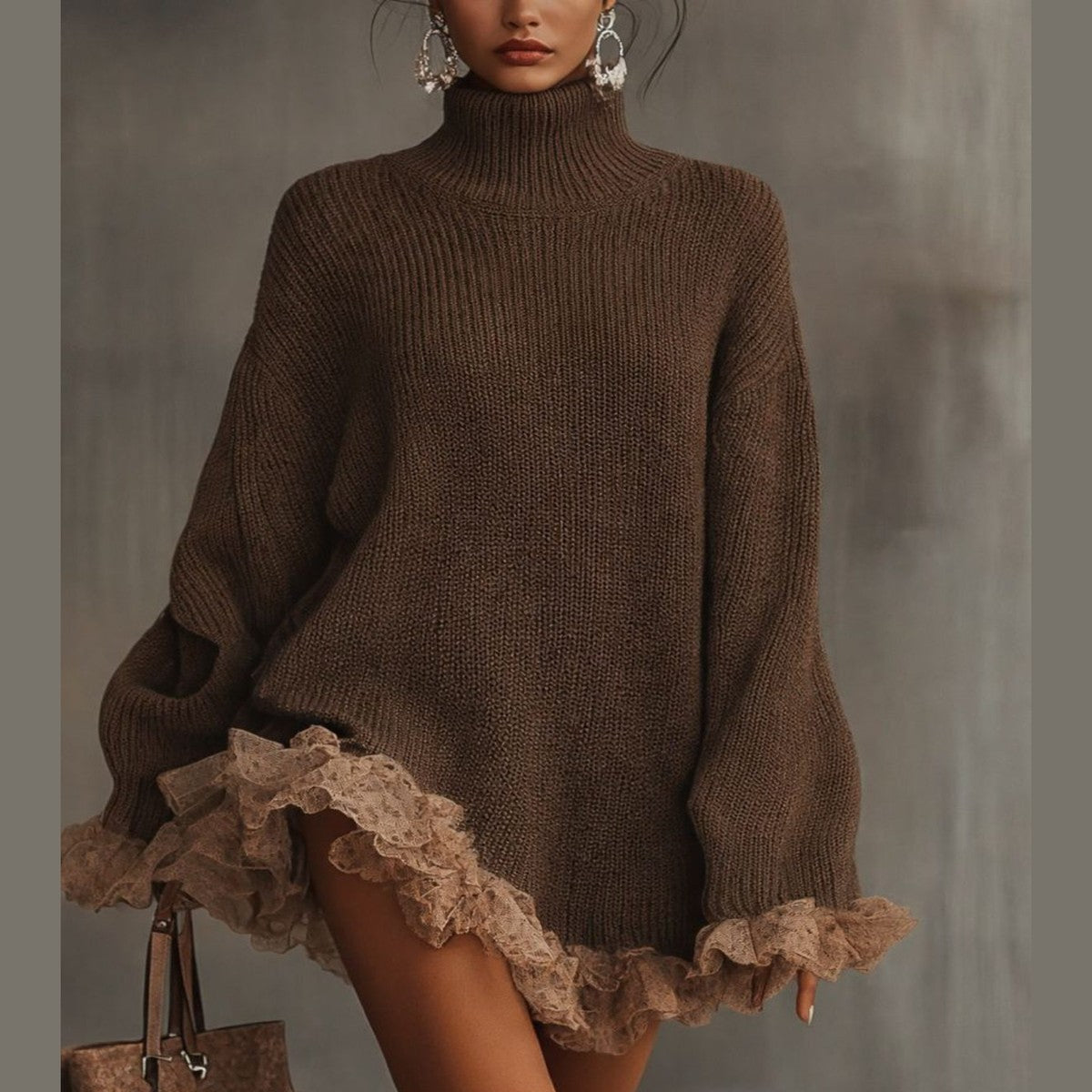 Long Sleeve Knitted Tunic Pullover with Ribbed Flounce Hemline for Everyday Wear