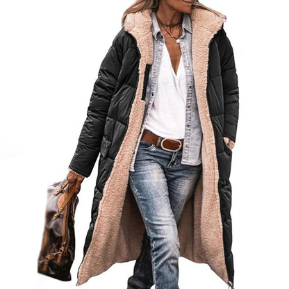 Grace I Hooded Quilted Long Parka Coat with Front Pockets and Snap Closure