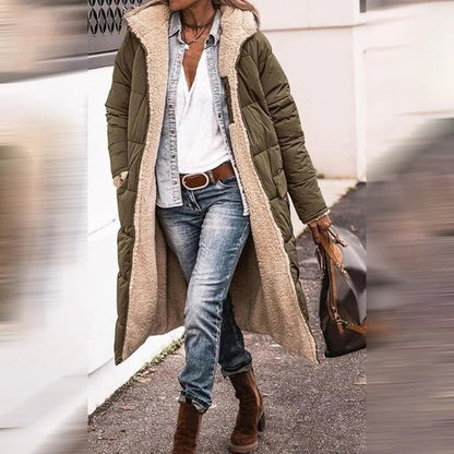 Grace I Hooded Quilted Long Parka Coat with Front Pockets and Snap Closure