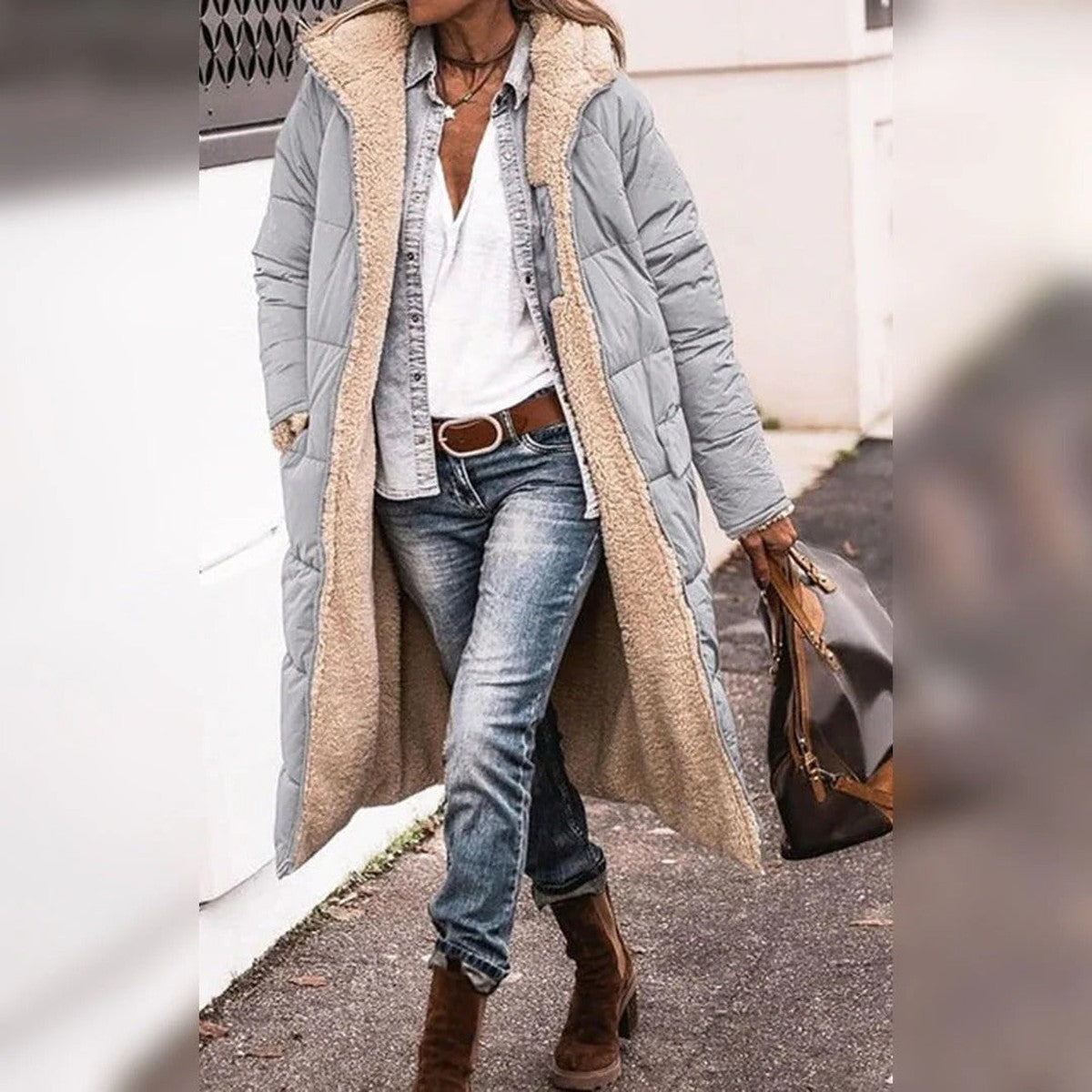 Grace I Hooded Quilted Long Parka Coat with Front Pockets and Snap Closure