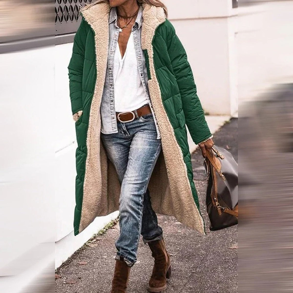 Grace I Hooded Quilted Long Parka Coat with Front Pockets and Snap Closure