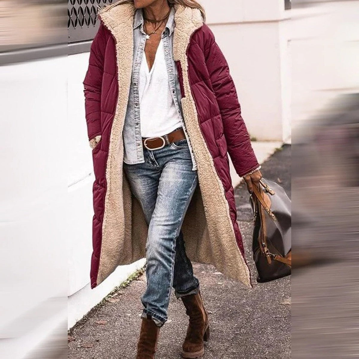 Grace I Hooded Quilted Long Parka Coat with Front Pockets and Snap Closure